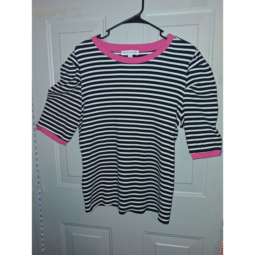 Rebecca Minkoff Women's L Striped Knit T-Shirt Contrast Pink Trim Black White